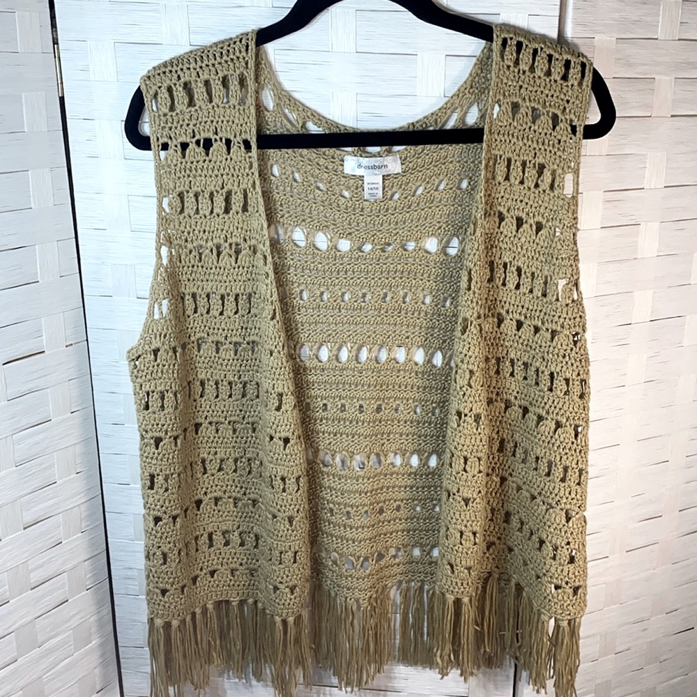 Dress Barn Beige Boho Festival‎ Crochet Fringe Open Front Vest Size 14/16
